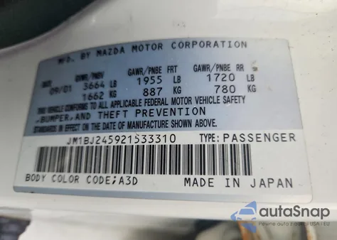 2002 Mazda Protege Pr5 z USA, uszkodzony, nr VIN JM1BJ245921533310